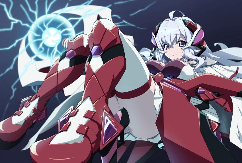 1girl ahoge ass boots breasts electricity headgear headphones large_breasts lavender_hair long_hair looking_at_viewer lying on_back purple_eyes red_legwear senki_zesshou_symphogear senki_zesshou_symphogear_xd_unlimited simple_background skirt solo thighhighs uganda white_legwear yukine_chris