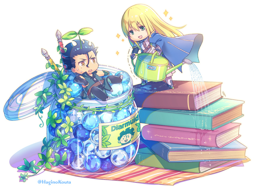 2boys :d bangs belt belt_buckle black_footwear black_gloves black_hair blonde_hair blue_cape book_stack boots breastplate brown_belt brown_eyes buckle cape character_name chibi commentary_request eyebrows_visible_through_hair fate/grand_order fate/zero fate_(series) fingerless_gloves fionn_mac_cumhaill_(fate/grand_order) gae_buidhe gae_dearg gloves green_eyes hagino_kouta hair_between_eyes highres jar knee_boots lancer_(fate/zero) long_hair male_focus marble miniboy mole mole_under_eye multiple_boys open_mouth polearm smile sparkle spear standing sweat trembling twitter_username v-shaped_eyebrows very_long_hair water watering watering_can weapon white_background