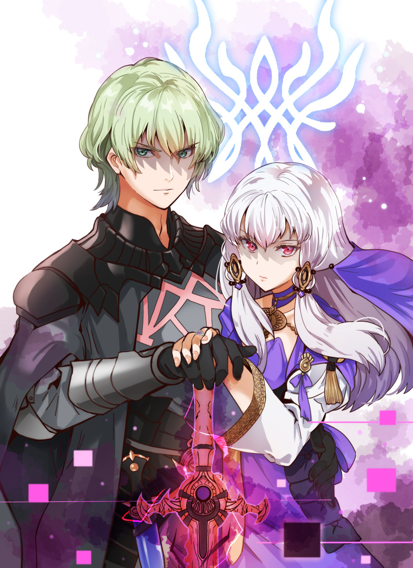 1boy 1girl absurdres byleth_(fire_emblem) byleth_(fire_emblem)_(male) cloak dress emblem fire_emblem fire_emblem:_three_houses glowing glowing_weapon green_eyes green_hair hand_on_another's_hand highres huge_filesize long_hair looking_at_viewer lysithea_von_ordelia oroshipon_zu red_eyes serious shaded_face silver_hair sword sword_of_the_creator veil weapon