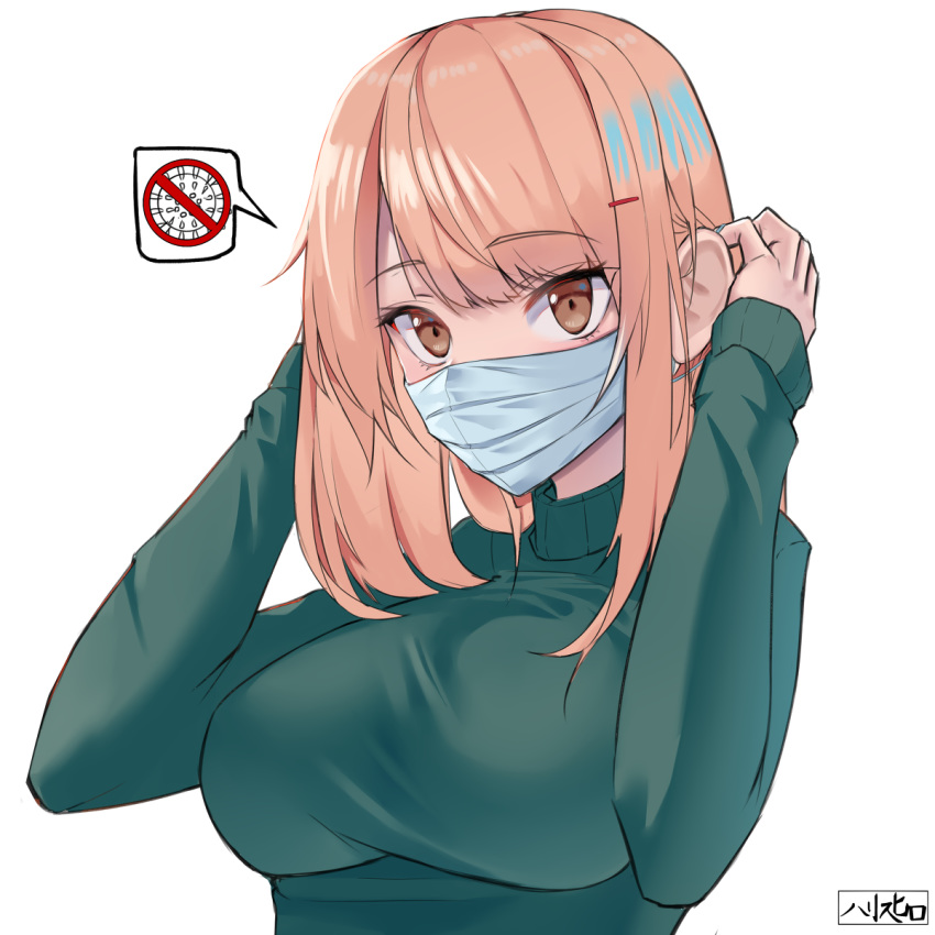 1girl adjusting_hair bangs breasts brown_eyes coronavirus coronavirus_pandemic eyebrows_visible_through_hair green_sweater hair_ornament hairclip harris_hero highres large_breasts long_hair mask mouth_mask orange_hair original signature solo speech_bubble surgical_mask sweater virus