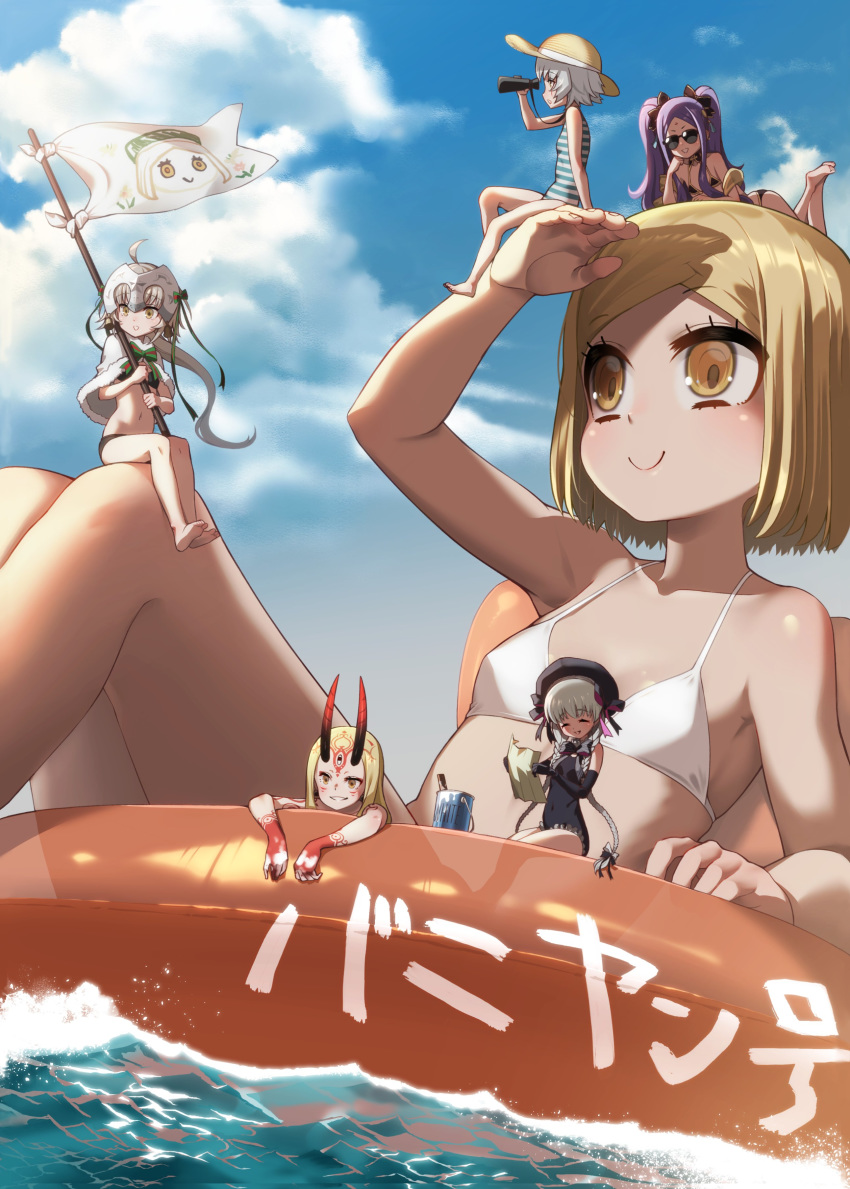 6+girls absurdres bangs barefoot bikini black_bikini blonde_hair blue_sky braid breasts closed_eyes closed_mouth cloud day eyebrows_visible_through_hair fate/grand_order fate_(series) flag flat_chest giantess hair_ribbon highres holding holding_flag horns ibaraki_douji_(fate/grand_order) innertube jack_the_ripper_(fate/apocrypha) jeanne_d'arc_(fate)_(all) jeanne_d'arc_alter_santa_lily long_hair lying multiple_girls navel nursery_rhyme_(fate/extra) ocean on_back on_stomach parted_lips paul_bunyan_(fate/grand_order) purple_hair ribbon saruchitan seaside_luxury shading_eyes silver_hair sitting sky small_breasts smile sunglasses swimsuit tattoo twin_braids twintails very_long_hair white_bikini wu_zetian_(fate/grand_order) yellow_eyes