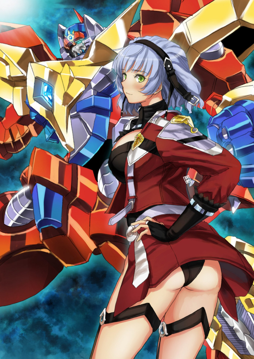 1girl aqua_centolm ass blue_hair breasts bridal_gauntlets garimpeiro garmraid green_eyes hairband hand_on_hip highres large_breasts looking_back mecha smile super_robot_wars super_robot_wars_mx