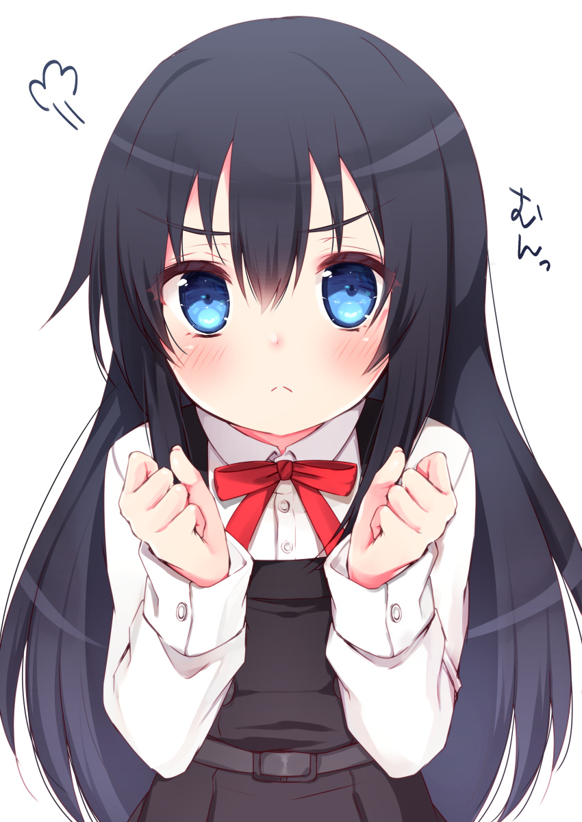 1girl absurdres asashio_(kantai_collection) black_hair blue_eyes commentary_request cowboy_shot dress highres kantai_collection long_hair long_sleeves looking_at_viewer neck_ribbon pinafore_dress red_ribbon remodel_(kantai_collection) ribbon shirt simple_background solo white_background white_shirt yuuzaki