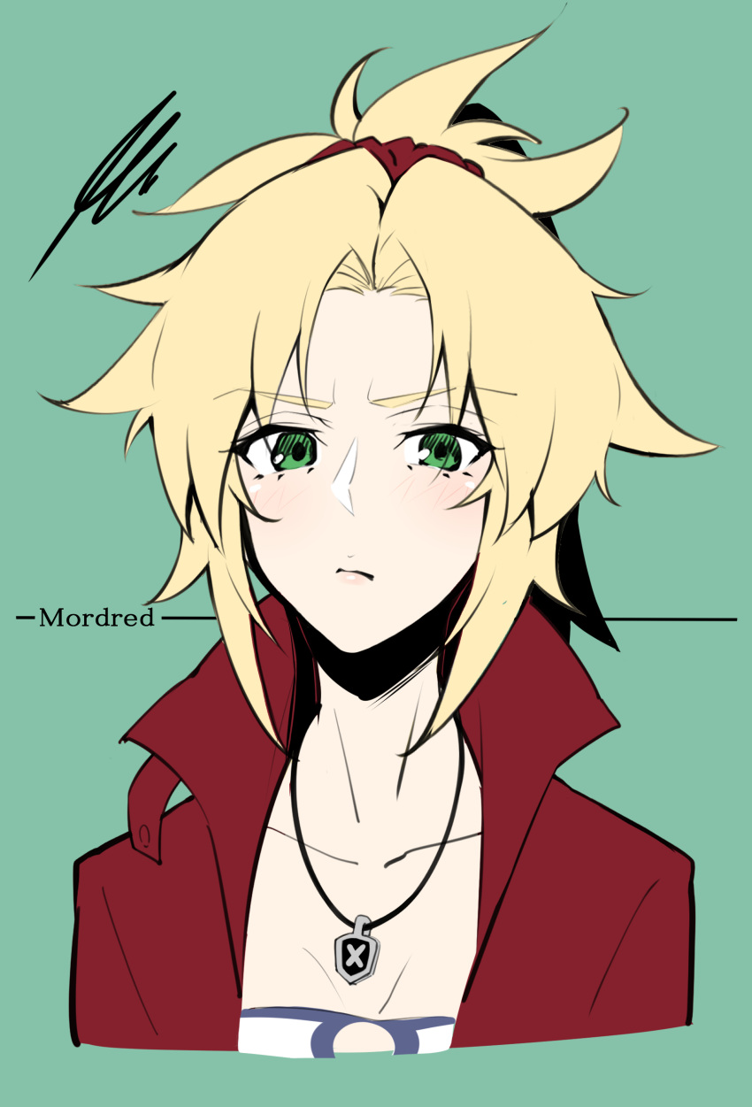 1girl absurdres blonde_hair braid breasts character_name collarbone commentary_request fate/grand_order fate_(series) frown green_background green_eyes hair_ornament hair_scrunchie highres jacket jewelry long_hair looking_at_viewer mordred_(fate) mordred_(fate)_(all) necklace ponytail red_jacket red_scrunchie scrunchie shirt simple_background solo takatun223 white_shirt