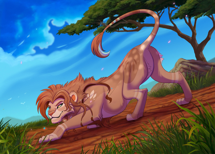 blue_eyes brown_body brown_fur brown_hair day detailed_background felid feral fur grass hair lion male mammal outside pantherine sky smile solo x-zelfa