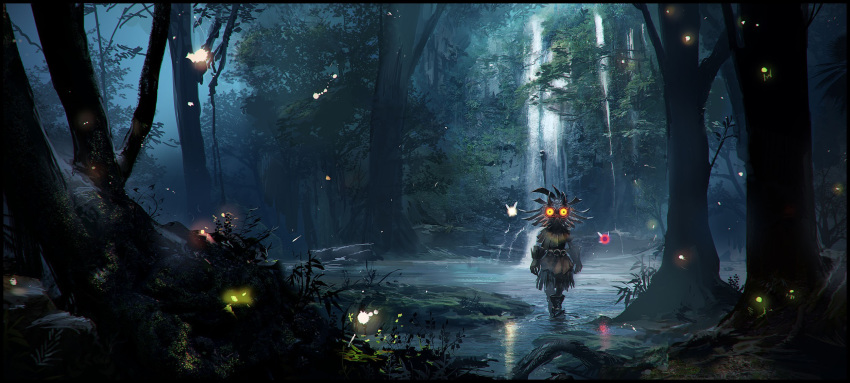 1boy border fireflies forest glowing glowing_eyes highres nature rounin_(amuza) skull_kid swamp tael tatl the_legend_of_zelda the_legend_of_zelda:_majora's_mask tree wading water waterfall