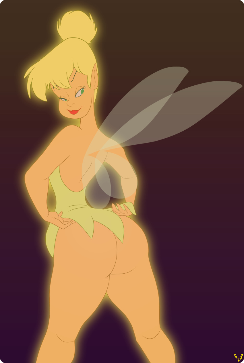 blonde_hair butt clothed clothing clothing_lift disney dress dress_lift fairy female green_eyes hair half-closed_eyes hi_res humanoid humanoid_pointy_ears lips lipstick looking_back makeup narrowed_eyes peter_pan rear_view red_lips red_lipstick seductive short_hair slb small_waist smile tinkerbell winged_humanoid wings