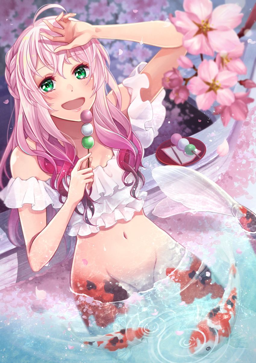 1girl :d absurdres ahoge arm_up bangs bare_shoulders blurry blurry_foreground blush boat braid breasts cherry_blossoms cleavage commentary_request cowboy_shot dango depth_of_field eyebrows_visible_through_hair falling_petals fish food frilled_shirt frills green_eyes groin hair_between_eyes hanami hand_on_head highres holding holding_food kaboplus_ko koi leaning_on_object long_hair looking_at_viewer medium_breasts mermaid midriff monster_girl navel open_mouth original partially_submerged pink_hair plate ripples sanshoku_dango scales shadow shirt sidelocks skewer sleeveless sleeveless_shirt smile solo split_tail spring_(season) stomach wagashi water watercraft wet white_shirt