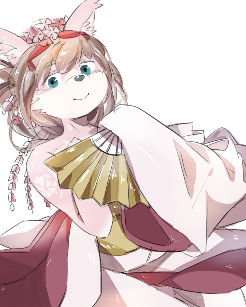 4:5 accessory anthro asian_clothing brown_hair canid canine canis clothed clothing crossdressing domestic_dog east_asian_clothing fan_(object) flower flower_in_hair fur girly hair hair_accessory hi_res japanese_clothing kimono long_hair male mammal pink_body pink_fur plant ponytail solo tanetomo tokyo_afterschool_summoners uma_shika19 video_games