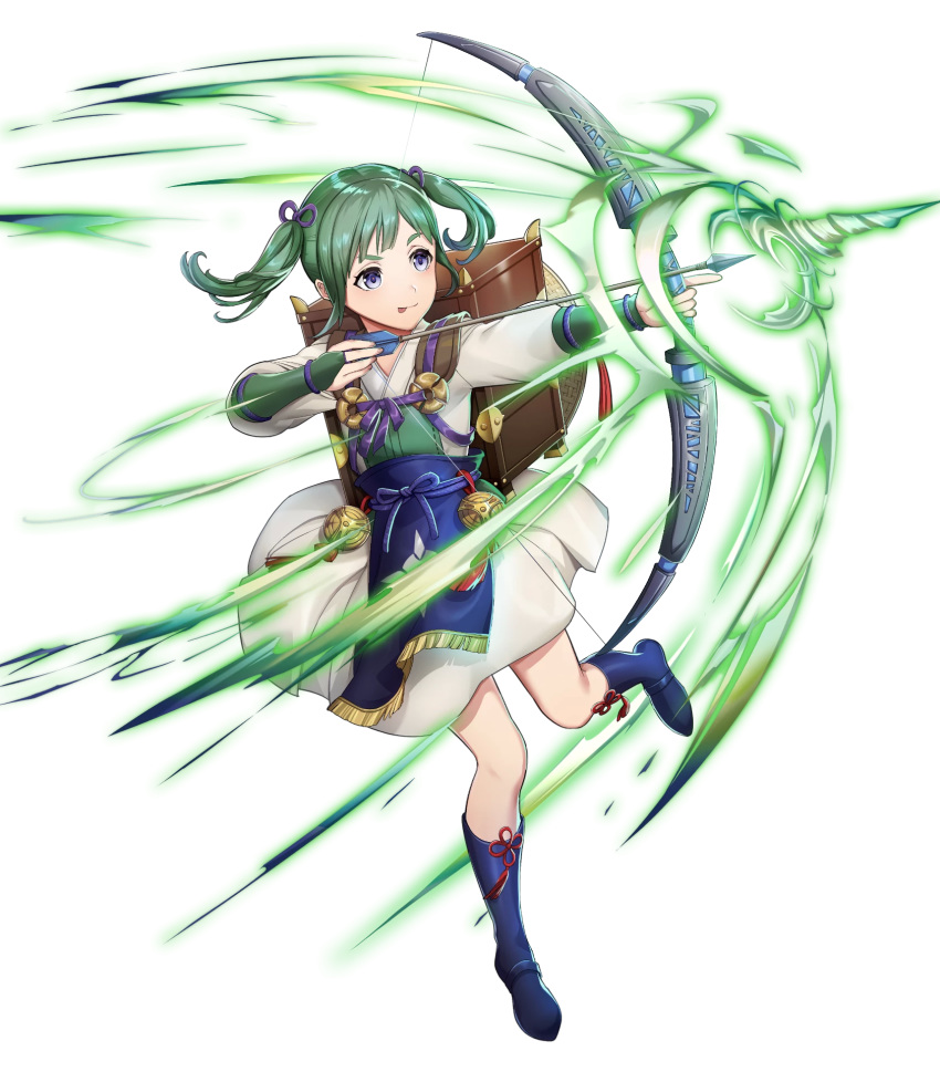 1girl arrow bangs boots bow_(weapon) dress fire_emblem fire_emblem_fates fire_emblem_heroes full_body green_hair highres holding holding_bow_(weapon) holding_weapon japanese_clothes long_hair long_sleeves looking_away midori_(fire_emblem) official_art purple_eyes shiny shiny_hair smile solo tied_hair tongue tongue_out transparent_background twintails weapon