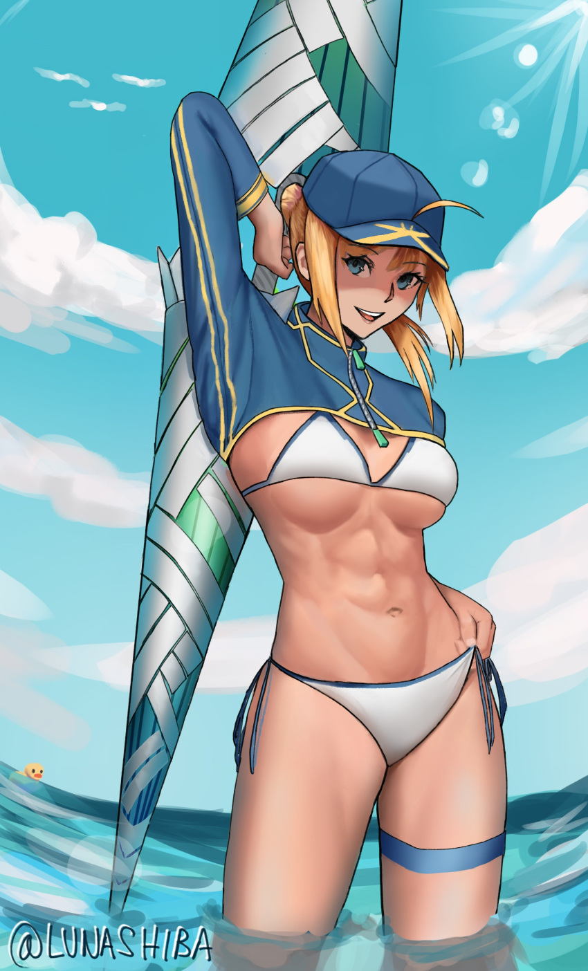 1girl abs absurdres ahoge artoria_pendragon_(all) baseball_cap bikini blonde_hair blue_eyes blue_headwear blue_sky breasts cloud day english_commentary fate/grand_order fate_(series) hat highres holding holding_weapon large_breasts looking_at_viewer lunashiba medium_hair mysterious_heroine_xx_(foreigner) navel partially_submerged polearm ponytail side-tie_bikini sky smile solo spear swimsuit thigh_strap twinmyniad water weapon white_bikini