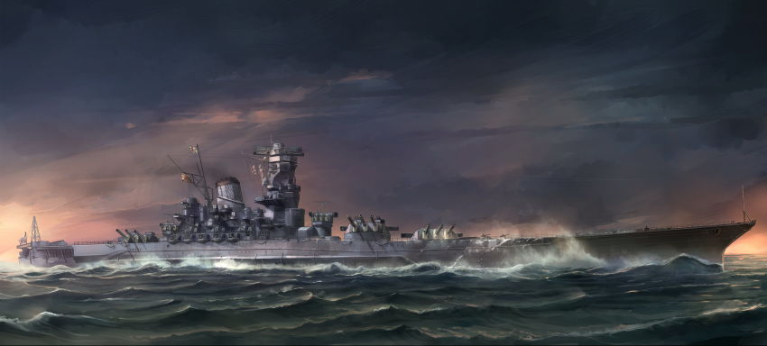 absurdres akasaai battleship commentary dark_sky flag highres imperial_japanese_navy mast military military_vehicle no_humans ocean original outdoors ship signal_flag turret twilight warship water watercraft waves world_war_ii yamato_(battleship)