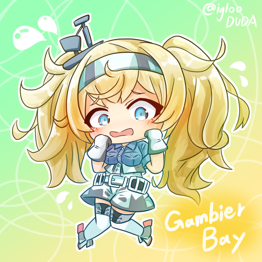 1girl asimo953 belt blonde_hair blue_eyes breast_pocket character_name chibi flying_sweatdrops full_body gambier_bay_(kantai_collection) gloves gradient gradient_background hairband highres kantai_collection knees_together_feet_apart long_hair pocket shorts solo twintails twitter_username white_gloves
