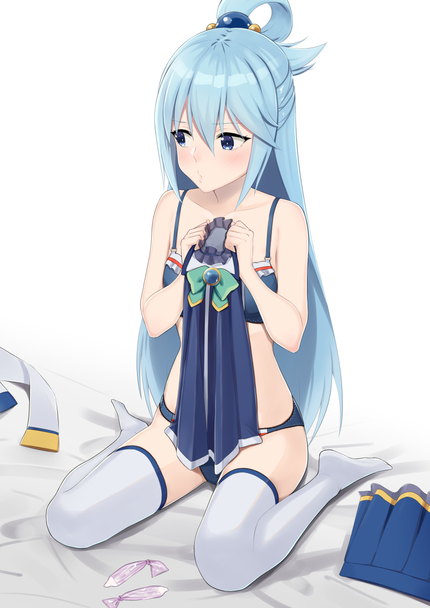 1girl absurdres after_sex aqua_(konosuba) aqua_bow bangs bare_arms bare_shoulders black_bra black_panties blue_eyes blue_hair blue_skirt blush bow bra closed_mouth collarbone condom cum eyebrows_visible_through_hair hair_rings highres holding k-ya. kono_subarashii_sekai_ni_shukufuku_wo! long_hair looking_away looking_to_the_side miniskirt panties pleated_skirt simple_background sitting skirt skirt_removed solo straight_hair thighhighs underwear underwear_only used_condom very_long_hair wariza white_background white_legwear