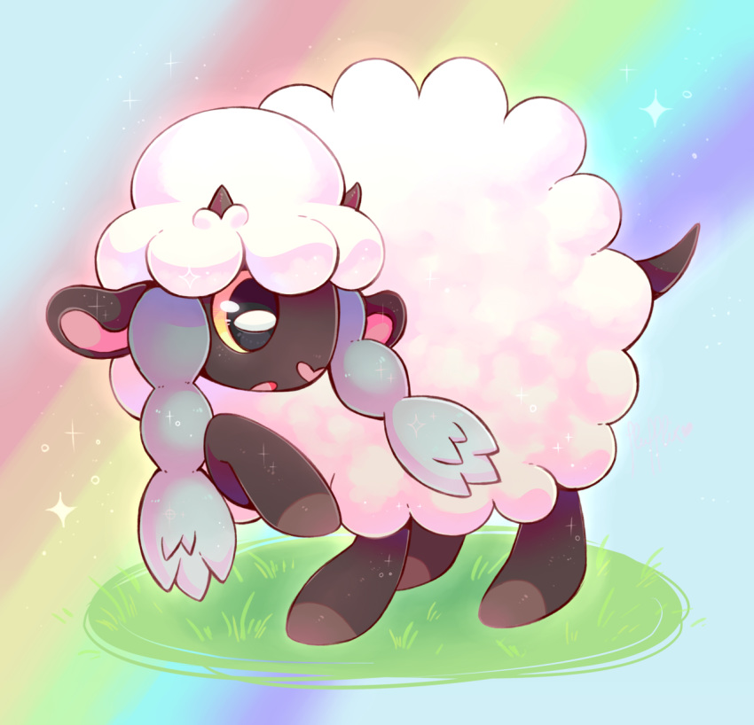 black_eyes english_commentary flufflixx full_body gen_8_pokemon grass highres leg_up no_humans open_mouth pokemon pokemon_(creature) rainbow rainbow_background sheep solo sparkle standing wooloo yellow_sclera