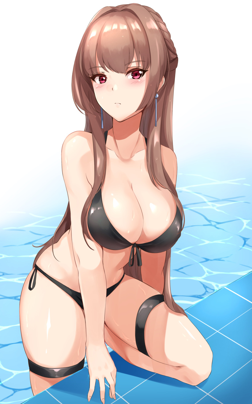 1girl absurdres azur_lane bare_arms bare_shoulders bikini black_bikini black_ribbon blush braid breasts brown_hair cleavage closed_mouth collarbone commentary_request earrings eyebrows_visible_through_hair front-tie_bikini front-tie_top haneramu highres jewelry large_breasts leg_up long_hair looking_at_viewer pink_eyes pool ribbon side-tie_bikini sidelocks solo straight_hair swiftsure_(azur_lane) swimsuit thigh_strap tile_floor tiles very_long_hair water