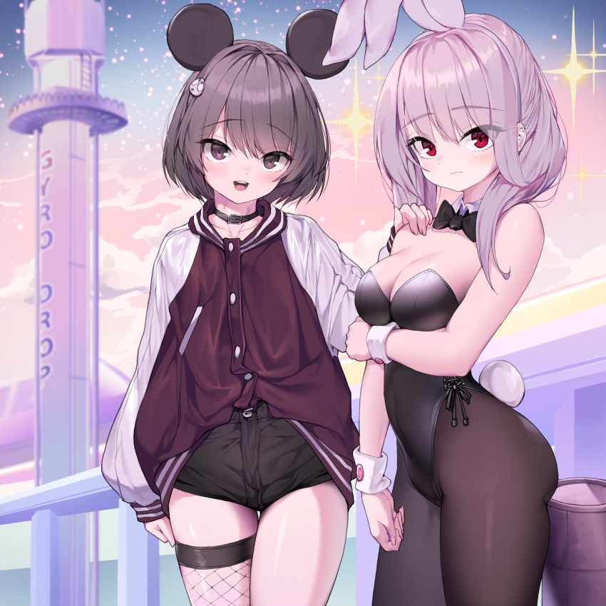 2girls :d animal_ears arm_under_breasts bare_shoulders black_leotard black_neckwear black_shorts blurry blurry_background bow bowtie breasts brown_eyes brown_jacket brown_legwear bunny_ears bunny_girl bunny_tail bunnysuit cleavage collar commentary_request depth_of_field detached_collar fake_animal_ears fishnet_legwear fishnets grey_hair hair_ornament hairband hand_on_another's_shoulder highres jacket lee_seok_ho leotard long_hair long_sleeves looking_at_viewer medium_breasts mouse_ears multiple_girls open_mouth original outdoors pantyhose red_eyes short_shorts shorts single_thighhigh sleeves_past_wrists smile strapless strapless_leotard tail thighhighs track_jacket white_collar white_hairband wing_collar wrist_cuffs