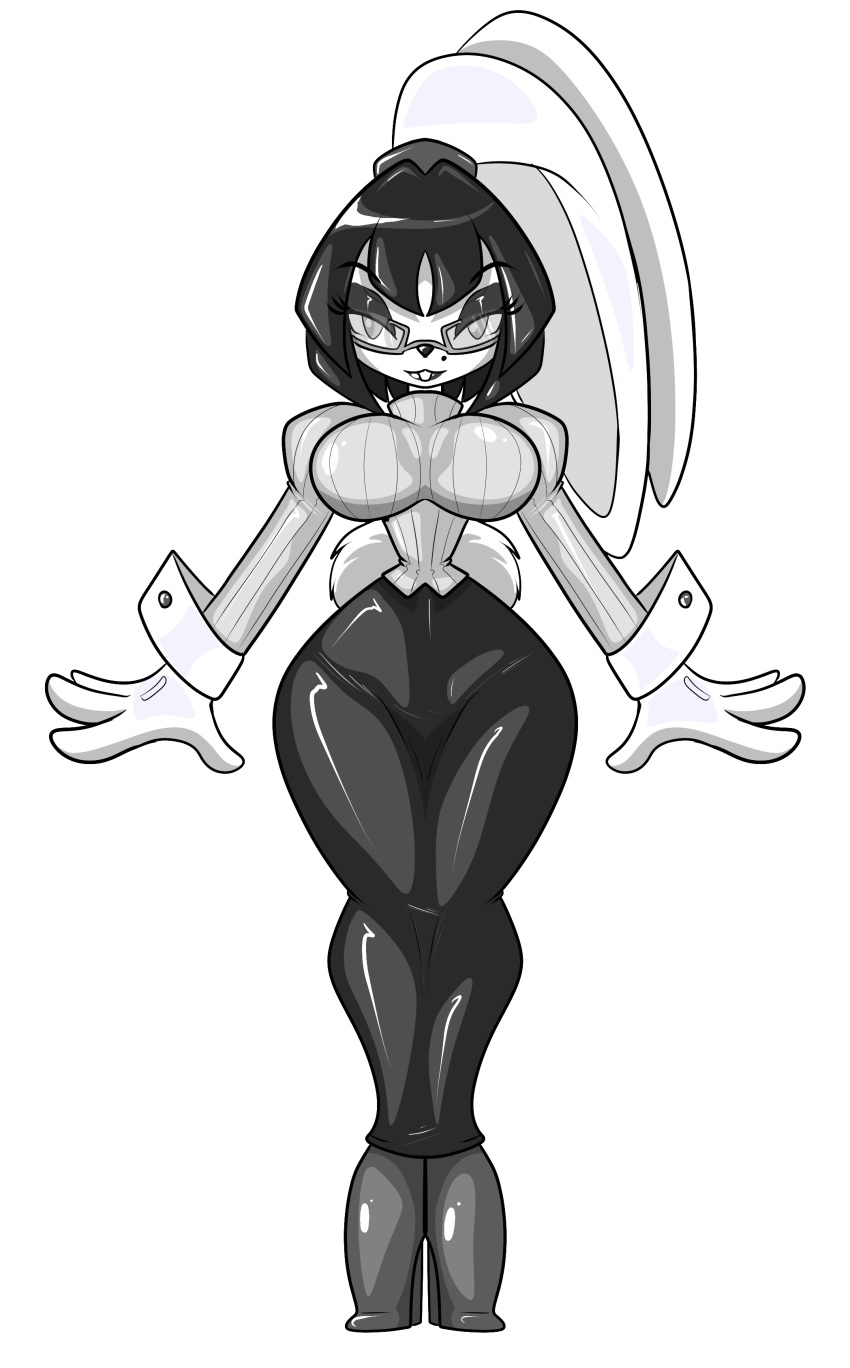 absurd_res alpha_channel anthro black_hair black_nose bob_cut breasts butt chaoscroc cleavage clothed clothing eyewear female footwear fur glasses hair hi_res high_heels hobble_skirt ink lagomorph leporid mammal monochrome ms._inkwell office_lady rabbit retro shoes toony white_body white_fur wide_hips