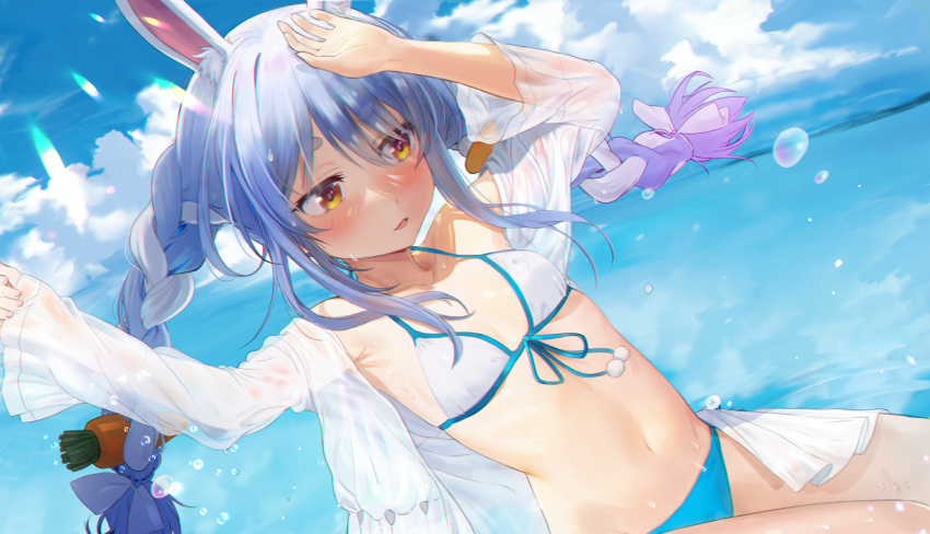 1girl animal_ears armpits arms_up bare_shoulders bikini blue_bikini_bottom blue_hair blue_theme blush breasts bunny_ears carrot_hair_ornament cloud collarbone day floating_hair food_themed_hair_ornament front-tie_bikini front-tie_top hair_ornament hair_ribbon halter_top halterneck highres hololive long_hair long_sleeves looking_to_the_side navel ocean off_shoulder open_clothes orange_eyes outdoors parted_lips ribbon see-through seicoh side-tie_bikini sky small_breasts solo stomach sunlight swimsuit thick_eyebrows thighs twintails usada_pekora virtual_youtuber water wet white_bikini_top