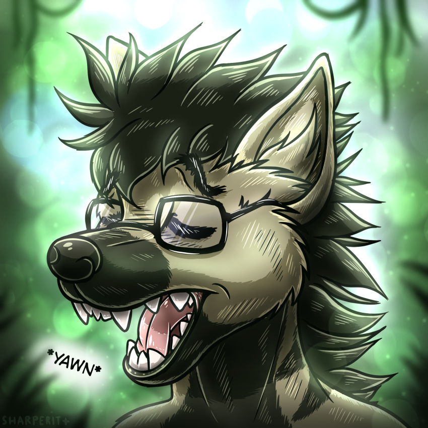 1:1 anthro canid canine chance cloud colored detailed_background digital_media_(artwork) eyes_closed eyewear fur glasses hair hi_res hyaenid landscape male mammal open_mouth outside shaded sharperit simple_background solo teeth tongue tongue_out yawn