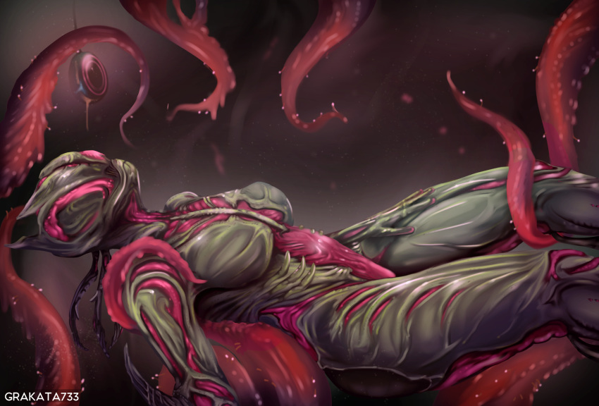 alien alien_humanoid breasts captured clothed clothing duo erection female grabbing_arm grabbing_legs grakata733 grey_body grey_skin hi_res humanoid looking_at_another looking_up male male/female medium_breasts motion_lines operator_(warframe) red_body red_skin tentacles video_games warframe