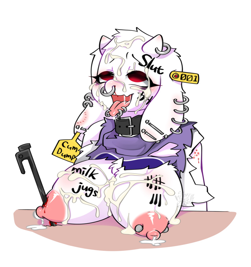 ahegao anthro areola big_breasts bite_mark blood bodily_fluids body_writing boss_monster bovid breasts caprine clothing collar cum cum_on_breasts cum_on_face ear_piercing ear_ring ear_tag english_text eye_roll facial_piercing female furgonomics furry-specific_piercing genital_fluids goat gore hi_res horn horn_piercing horn_ring huge_breasts impalement industrial_piercing looking_pleasured mammal nipple_piercing nipples nose_piercing nose_ring nosebleed piercing sex_slave slave snow_angel_(artist) solo stake tally_marks text tongue tongue_out tongue_piercing tongue_ring toriel torn_clothing undertale video_games