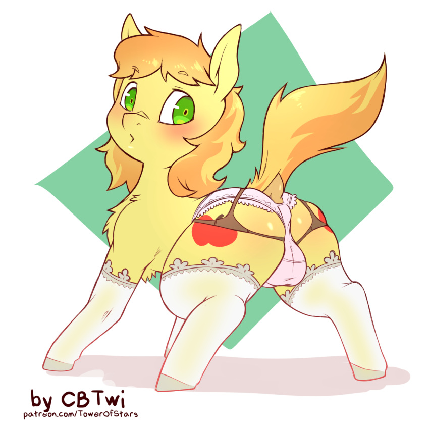 1:1 apple blush braeburn_(mlp) bulge butt clothed clothing cold-blooded-twilight crossdressing cutie_mark earth_pony equid equine feral food friendship_is_magic fruit green_eyes hair hi_res horse legwear lingerie looking_back male mammal my_little_pony orange_body orange_hair panties pink_clothing pink_panties pink_underwear plant pony quadruped solo stockings text underwear url