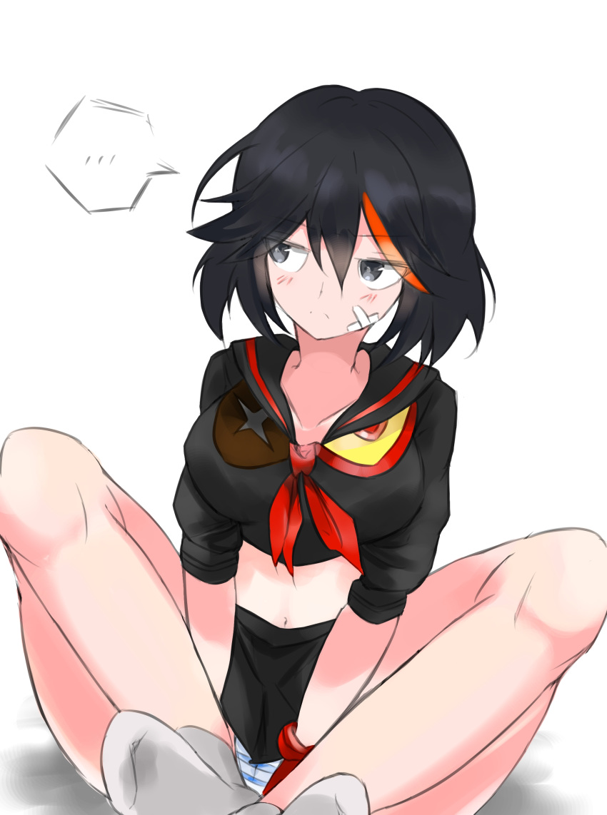 1girl absurdres bandages black_hair blank_speech_bubble blue_panties blush breasts cameltoe collarbone frown gloves grey_eyes hands_on_lap highres indian_style kill_la_kill large_breasts looking_to_the_side matoi_ryuuko navel no_shoes panties pantyshot pantyshot_(sitting) red_gloves red_hair school_uniform senketsu single_glove sitting sleeves_rolled_up socks speech_bubble striped striped_panties underwear upskirt