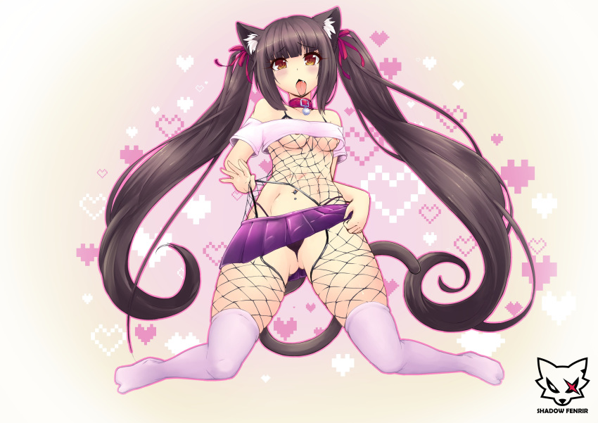 &lt;3 2018 absurd_res animal_humanoid blush bottomwear breasts brown_hair cat_humanoid chocola_(sayori) clothing collar felid felid_humanoid feline feline_humanoid female hair hi_res humanoid mammal mammal_humanoid navel navel_piercing neko_works nekopara nipples piercing shadowfenrirart skirt slit_pupils solo tongue tongue_out underwear