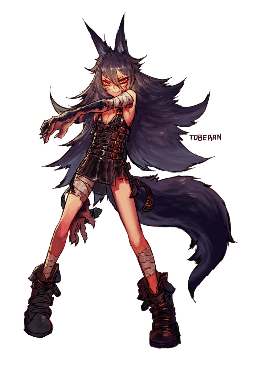 1girl absurdres animal_ears bandaged_arm bandaged_leg bandages bangs black_dress black_footwear boots breasts cleavage dress eyebrows_visible_through_hair eyes_visible_through_hair fang full_body fur grey_hair hair_between_eyes highres hong_da legs_apart long_hair looking_at_viewer original outstretched_arm short_dress simple_background sleeveless sleeveless_dress slit_pupils small_breasts smile solo standing strap tail v-shaped_eyebrows very_long_hair white_background wolf_ears wolf_girl wolf_tail yellow_eyes
