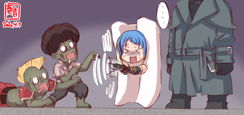 &gt;_&lt; 1girl afro artist_logo bangs black_hair blonde_hair blue_hair coat commentary_request dated food highres holding holding_knife kanon_(kurogane_knights) kantai_collection knife mohawk mr.x open_mouth parody resident_evil resident_evil_2 samidare_(kantai_collection) scared tofu weapon zombie