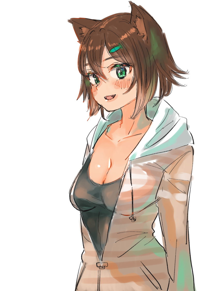 1girl animal_ears black_shirt blush breasts brown_hair cat_ears cleavage fang fish_hair_ornament fumino_tamaki green_eyes hair_between_eyes hair_ornament highres hood hood_down komano_c_rotha large_breasts long_sleeves looking_at_viewer nijisanji shirt short_hair simple_background sketch smile solo striped_hoodie upper_body virtual_youtuber white_background