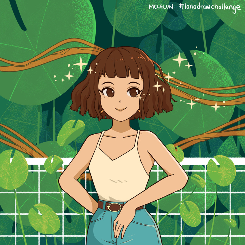 1girl bangs belt blunt_bangs borrowed_character brown_eyes brown_hair camisole commentary denim earrings fence hashtag jeans jewelry mclelun original pants plant signature smile solo sparkle upper_body