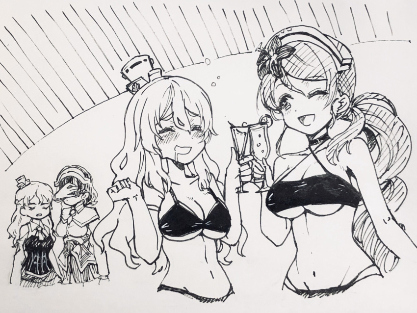 4girls aosa_(momikin) bikini breasts cleavage closed_eyes collarbone commentary_request cup drinking_glass drooling drunk facepalm hat headdress highres kantai_collection large_breasts littorio_(kantai_collection) long_hair mini_hat monochrome multiple_girls one_eye_closed pola_(kantai_collection) ponytail roma_(kantai_collection) short_hair swimsuit tilted_headwear traditional_media upper_body wavy_hair wine_glass zara_(kantai_collection)