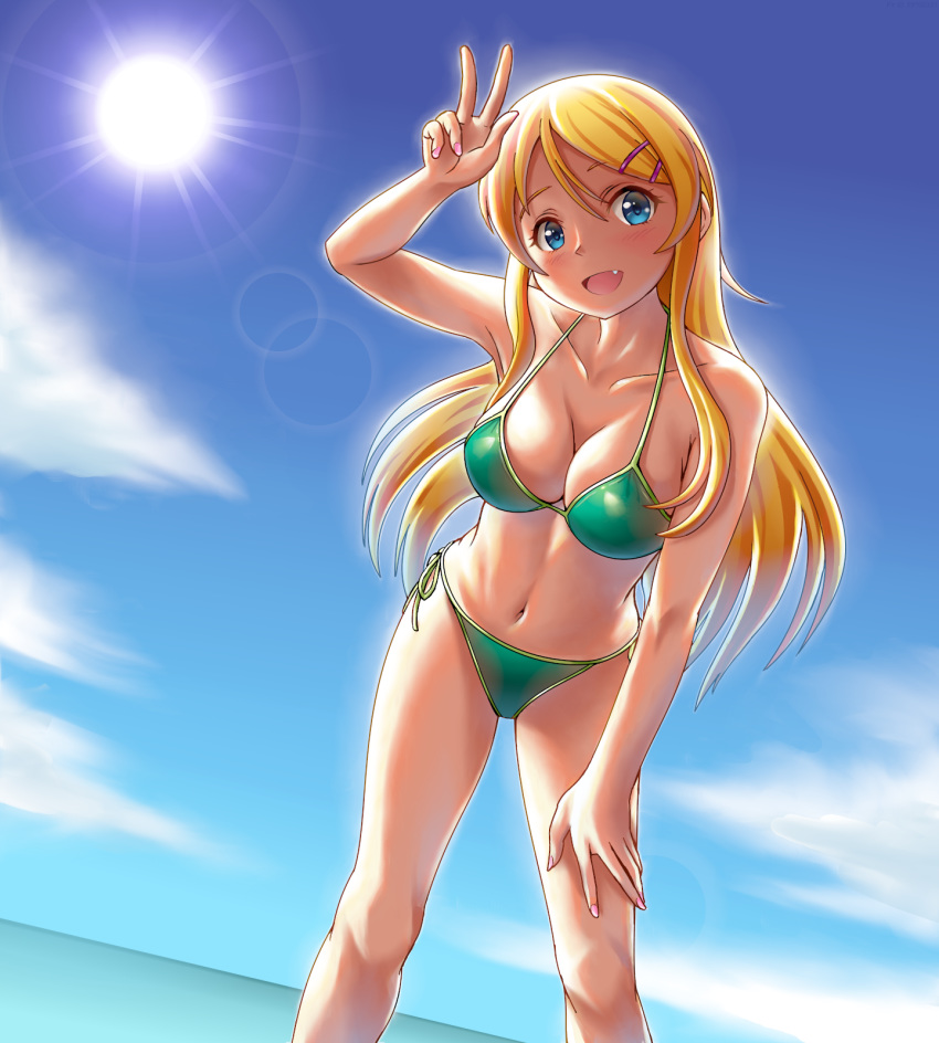 1girl bikini blue_eyes blue_sky breasts cleavage cloud collarbone day dutch_angle fang green_bikini hand_on_own_thigh highres horizon kousaka_kirino leaning_forward long_hair looking_at_viewer medium_breasts ocean open_mouth orange_hair ore_no_imouto_ga_konna_ni_kawaii_wake_ga_nai outdoors side-tie_bikini sky smile solace solo standing sun swimsuit v