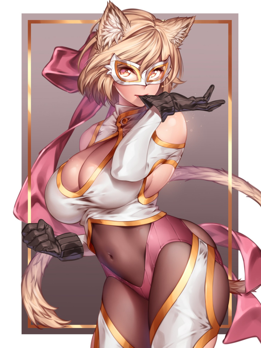 1girl animal_ears arched_back armpit_cutout bangs bare_shoulders biting black_gloves blonde_hair bob_cut bow breasts cat_ears cat_tail chinese_commentary cleavage clenched_hand closed_mouth commentary_request covered_navel cowboy_shot djeeta_(granblue_fantasy) eye_mask glove_biting gloves gold_trim granblue_fantasy highres large_bow large_breasts looking_at_viewer mask mouth_hold outside_border pink_bow ribbed_gloves short_hair solo tail white_mask wrestler wrestler_(granblue_fantasy) wrestling_mask wrestling_outfit yellow_eyes yin-ting_tian