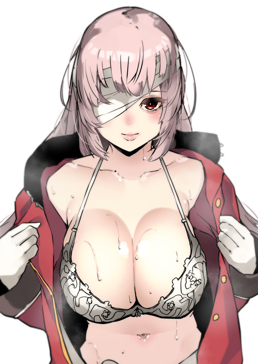 absurdres bandage_over_one_eye bra breasts cleavage collarbone fate/grand_order fate_(series) florence_nightingale_(fate/grand_order) gloves highres kobo_(cobo_0609) long_hair underwear undressing