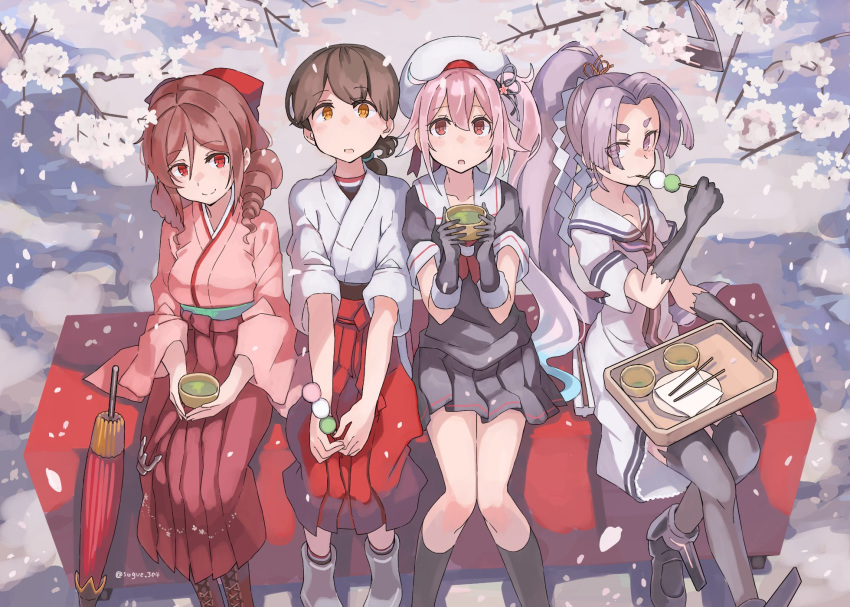 4girls black_legwear brown_hair cherry_blossoms dango drill_hair food green_tea harukaze_(kantai_collection) harusame_(kantai_collection) hatsuharu_(kantai_collection) highres japanese_clothes kantai_collection kasuga_maru_(kantai_collection) kimono long_hair meiji_schoolgirl_uniform multiple_girls oriental_umbrella outdoors pink_hair ponytail purple_eyes purple_hair red_eyes school_uniform serafuku short_hair side_ponytail socks sugue_tettou tea thighhighs umbrella wagashi yellow_eyes