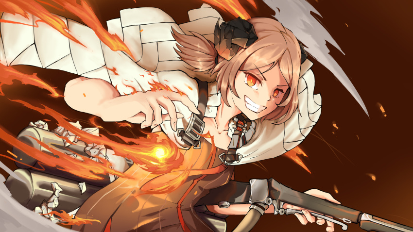 1girl absurdres arknights blonde_hair cape fire flamethrower highres horns ifrit_(arknights) smile solo teeth twintails weapon yoru+