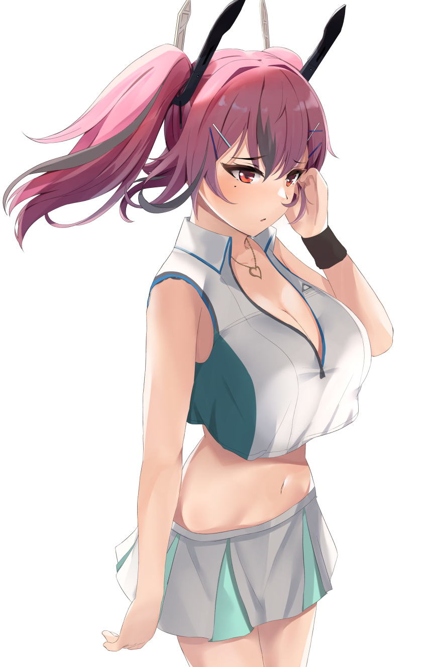 1girl absurdres azur_lane bangs black_bra blush bra breasts bremerton_(azur_lane) bremerton_(scorching-hot_training)_(azur_lane) cleavage collarbone collared_shirt commentary_request cowboy_shot crop_top crop_top_overhang eyebrows_visible_through_hair green_skirt grey_hair groin hair_between_eyes hair_intakes hair_ornament hairclip hand_up heart heart_necklace highres large_breasts long_hair midriff mole mole_under_eye multicolored_hair navel parted_lips pink_eyes pink_hair ponyaru shirt sidelocks simple_background skirt sleeveless sleeveless_shirt solo sportswear standing streaked_hair sweat tennis_uniform twintails two-tone_hair two-tone_shirt two-tone_skirt underwear white_background white_shirt white_skirt wristband x_hair_ornament