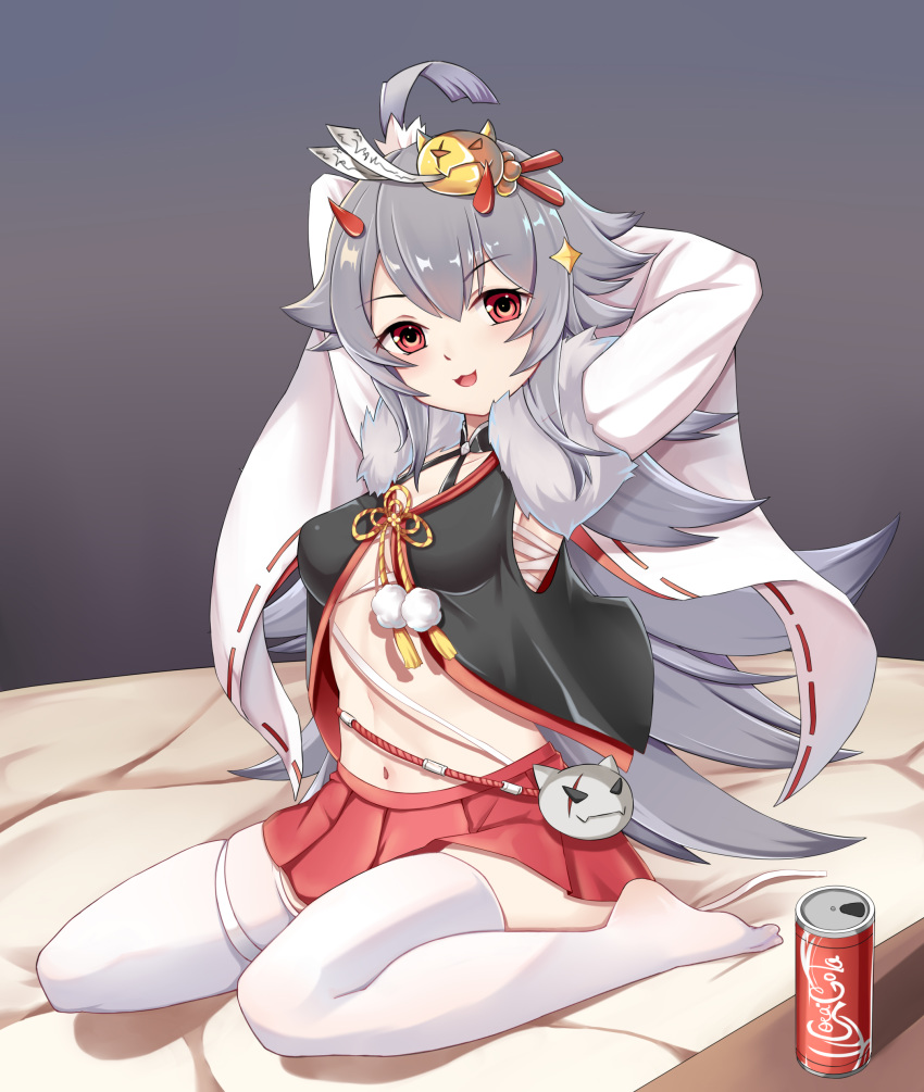 1girl :3 :d absurdres ahoge armpits arms_behind_head arms_up azur_lane bangs black_shirt blush brand_name_imitation breasts budget_sarashi can chinese_commentary coca-cola collarbone commentary_request eyebrows_visible_through_hair full_body fur_trim grey_background hair_between_eyes hair_ornament hairclip hibiki_(azur_lane) highres horns japanese_clothes long_hair long_sleeves looking_at_viewer midriff navel no_shoes obijime on_bed oni_horns open_mouth partially_unbuttoned pleated_skirt red_eyes red_skirt ribbon-trimmed_sleeves ribbon_trim sarashi shadow shirt sidelocks silver_hair simple_background sitting skindentation skirt small_breasts smile soda_can solo talisman the_hermit thighhighs wariza white_legwear white_sleeves wide_sleeves zettai_ryouiki