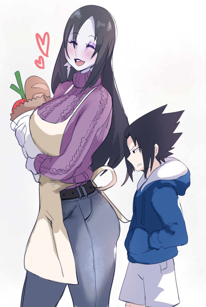 1boy 1girl age_difference apron belt black_eyes black_hair blue_coat blush bread breasts clenched_teeth closed_eyes coat commentary cropped_legs curvy earrings english_commentary facial_mark food genderswap genderswap_(mtf) hands_in_pockets happy heart highres jewelry lightsource lipstick long_hair makeup naruto naruto_(series) open_mouth orochimaru pale_skin pants purple_sweater shirt shorts simple_background size_difference smile sweater teeth uchiha_sasuke walking white_background