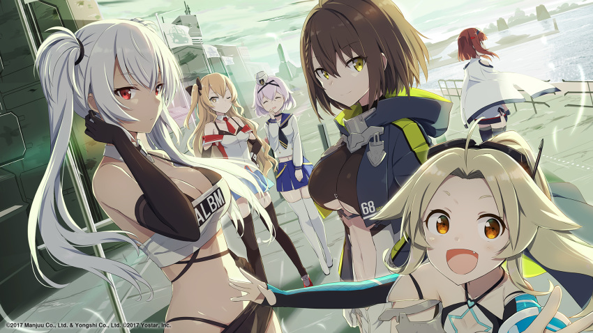 6+girls :d ahoge alabama_(azur_lane) anchor anchor_hair_ornament anchor_symbol aylwin_(azur_lane) azur_lane baltimore_(azur_lane) bangs bare_shoulders birmingham_(azur_lane) black_choker black_gloves black_hair blonde_hair blue_skirt blush bodypaint braid breasts brown_eyes cavalla_(azur_lane) center_opening choker cleavage cloak coat collarbone dark_skin detached_collar dock dress elbow_gloves expressionless eyebrows_visible_through_hair facepaint fang fingerless_gloves gloves gochou_(atemonai_heya) hair_ornament hairband highleg highleg_panties highres hood hood_down hooded_coat large_breasts leotard light_brown_hair long_hair looking_at_viewer looking_away medium_breasts multiple_girls native_american navel necktie ocean official_art open_clothes open_coat open_mouth outdoors panties pleated_skirt ponytail purple_coat purple_hair red_eyes red_hair sailor_collar san_juan_(azur_lane) shirt short_dress short_hair short_hair_with_long_locks short_shorts shorts shoulder_cutout side_ponytail sidelocks silver_hair skirt smile thighhighs thong tsurime twintails underwear white_cloak white_legwear wind yellow_eyes