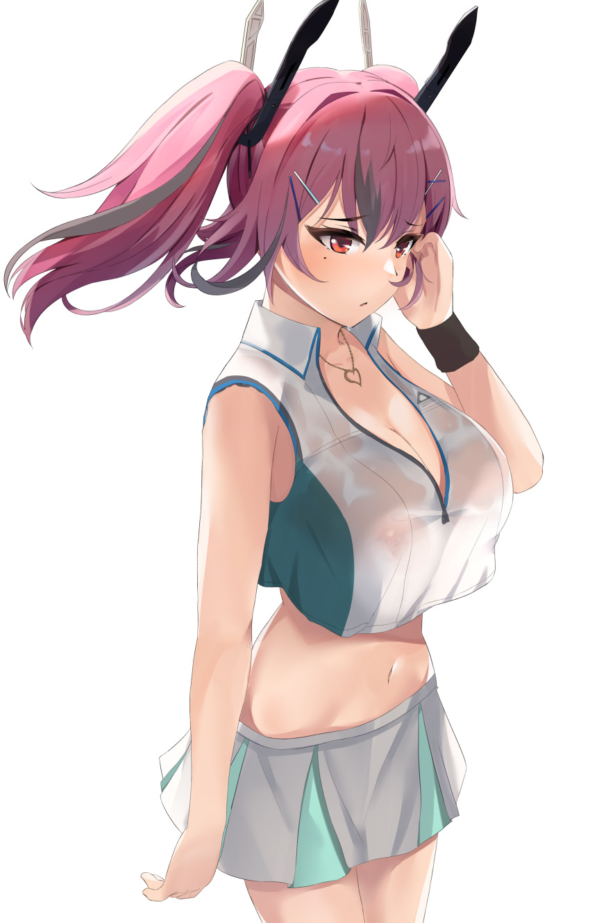 1girl absurdres azur_lane bangs black_bra blush bra breasts bremerton_(azur_lane) bremerton_(scorching-hot_training)_(azur_lane) cleavage collarbone collared_shirt commentary_request covered_nipples cowboy_shot crop_top crop_top_overhang eyebrows_visible_through_hair green_skirt grey_hair groin hair_between_eyes hair_intakes hair_ornament hairclip hand_up heart heart_necklace highres large_breasts long_hair midriff mole mole_under_eye multicolored_hair navel parted_lips pink_eyes pink_hair ponyaru see-through shirt sidelocks simple_background skirt sleeveless sleeveless_shirt solo sportswear standing streaked_hair sweat tennis_uniform twintails two-tone_hair two-tone_shirt two-tone_skirt underwear wet wet_clothes wet_shirt white_background white_shirt white_skirt wristband x_hair_ornament