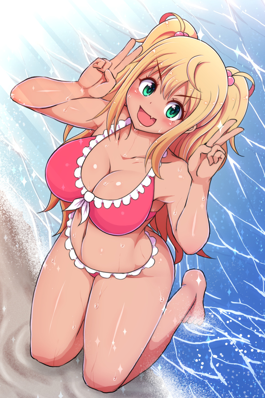1girl :d beach bikini blonde_hair blush breasts cleavage dark_skin day double_v dumbbell_nan_kilo_moteru? fang from_above front-tie_bikini front-tie_top green_eyes highres kneeling large_breasts looking_at_viewer navel open_mouth outdoors pink_bikini ponpo sakura_hibiki sand skin_fang smile solo swimsuit twintails v water wet