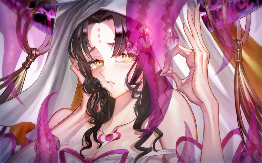 1girl bangs bare_shoulders black_hair blush breasts chest_tattoo cleavage collarbone demon_pillar_(fate/grand_order) facial_mark fate/extra fate/extra_ccc fate/grand_order fate_(series) forehead_mark hand_on_own_cheek highres horn_ornament horn_ring horns large_breasts long_hair looking_at_viewer ok_sign ota_(ota-0000) parted_bangs parted_lips sesshouin_kiara tattoo tentacles veil wavy_hair yellow_eyes