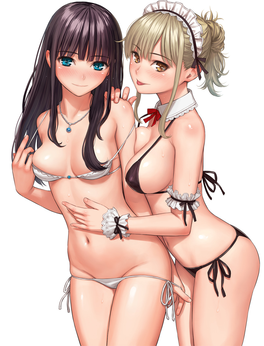 2019 2girls :p arm_garter bikini bikini_pull black_bikini blue_eyes blush breasts brown_hair closed_mouth comic_kairakuten cowboy_shot dated detached_collar fingernails groin hand_on_another's_shoulder hand_on_another's_stomach highres homunculus_(artist) jewelry large_breasts light_brown_hair long_hair looking_at_viewer maid_bikini maid_headdress medium_breasts multiple_girls navel necklace ponytail side-tie_bikini skindentation smile standing strap_slip swimsuit tongue tongue_out transparent_background updo white_bikini wrist_cuffs yellow_eyes