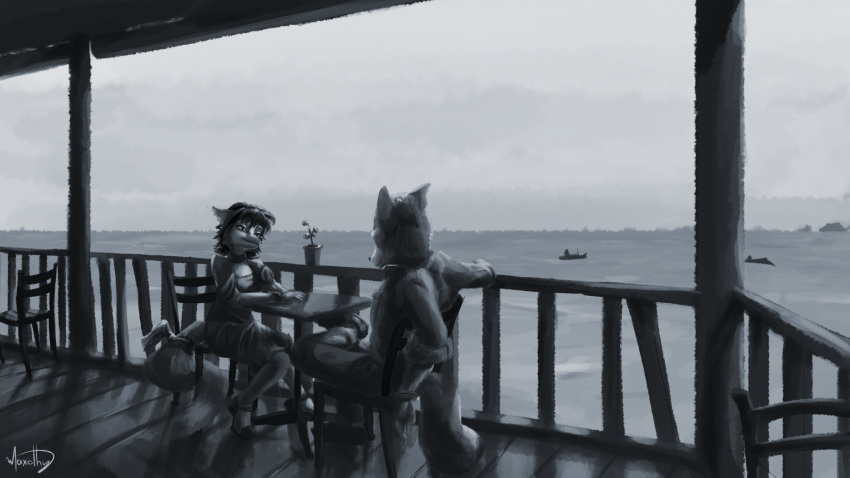 16:9 4k absurd_res anthro black_and_blue boat canid canine chair clothing duo eye_contact female flower footwear fox fox_mccloud fur furniture hair hi_res krystal looking_at_another male mammal maxothy monochrome nintendo plant romantic_ambiance signature sitting smile star_fox table vehicle video_games water watercraft widescreen