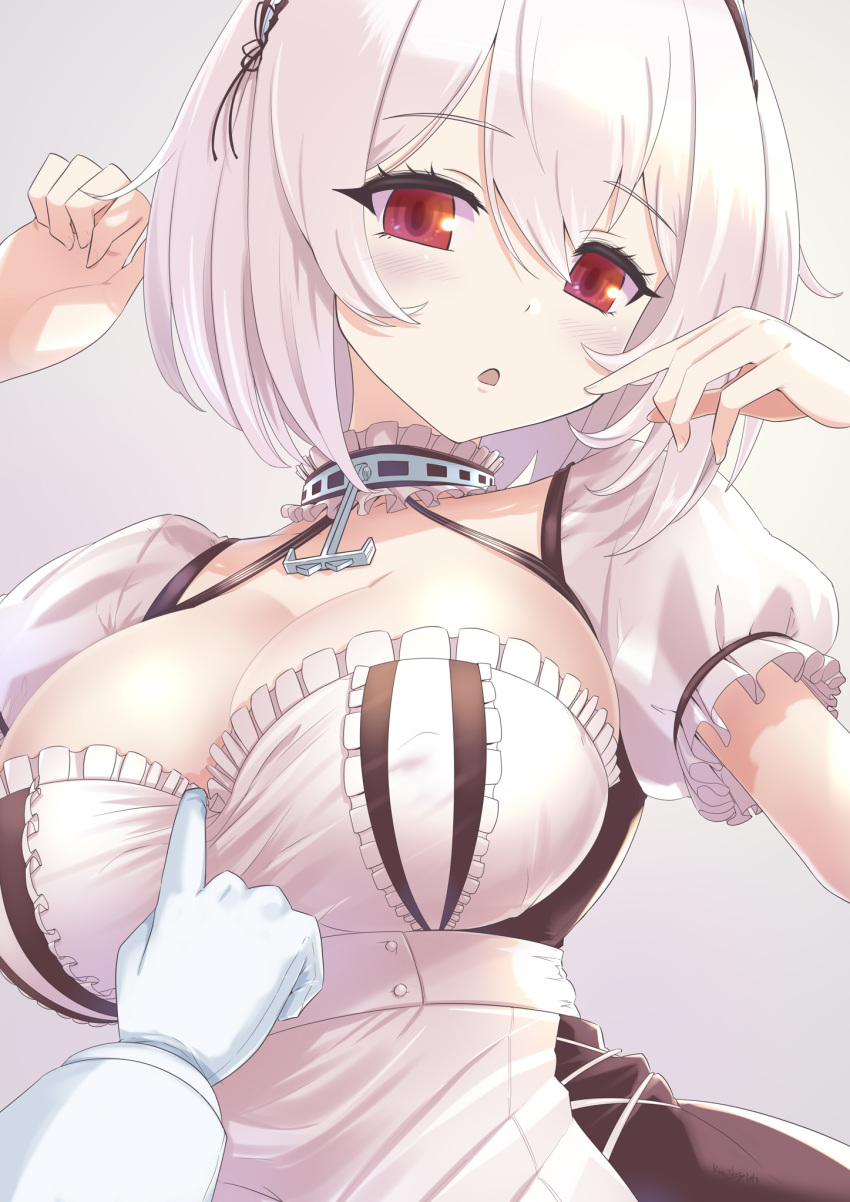 1girl anchor_choker azur_lane bangs blush breast_curtains breasts choker cleavage collarbone dress eyebrows_visible_through_hair frills gloves hair_between_eyes hands highres kurono_tokage lace-trimmed_hairband large_breasts looking_at_viewer maid_dress maid_headdress open_mouth puffy_short_sleeves puffy_sleeves red_eyes short_hair short_sleeves sirius_(azur_lane) white_dress white_frills white_gloves white_hair