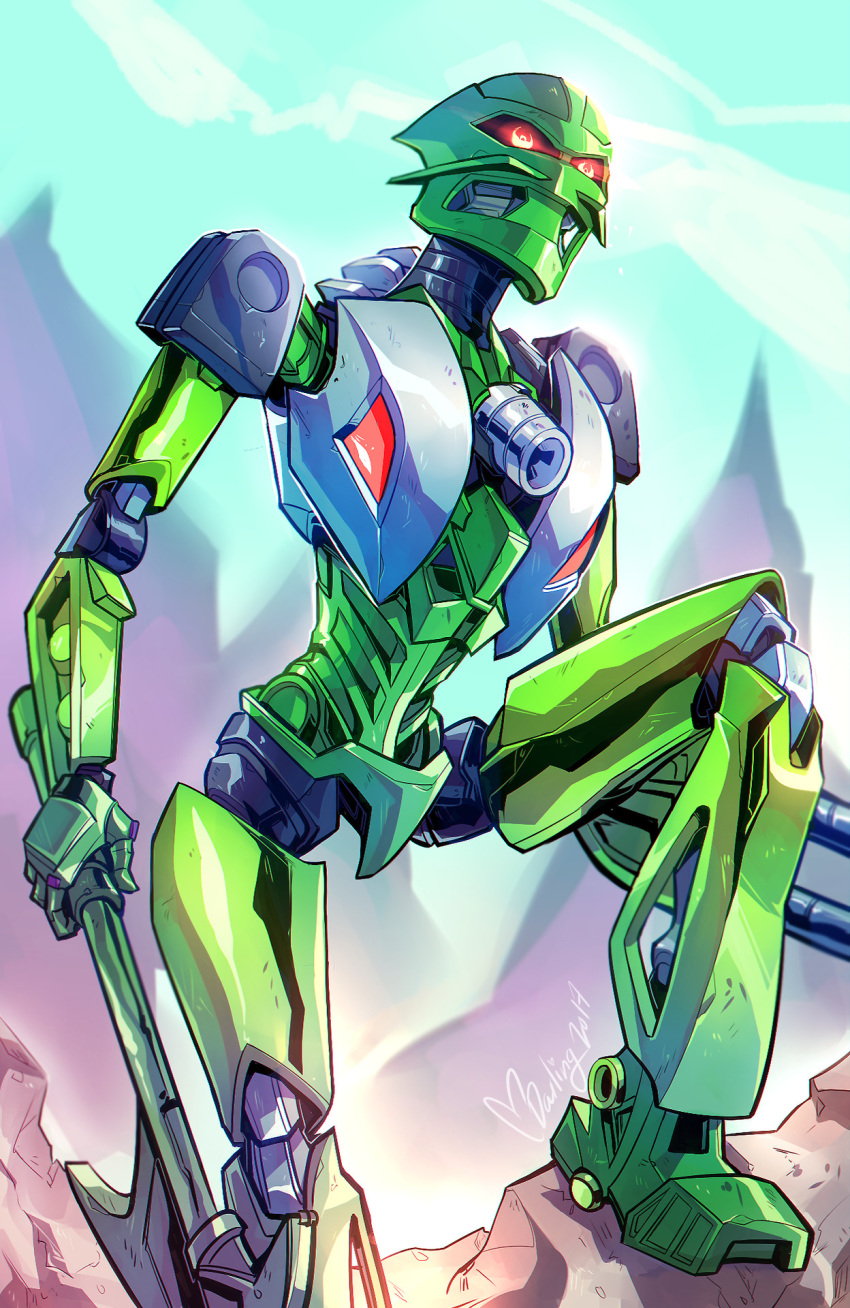 ambiguous_gender armor axe bionicle darlsdraws detailed_background digital_drawing_(artwork) digital_media_(artwork) fingers foot_on_rock green_body hi_res holding_object holding_weapon humanoid lego lewa machine mask melee_weapon not_furry outside red_eyes robot signature simple_background sky solo standing toa weapon